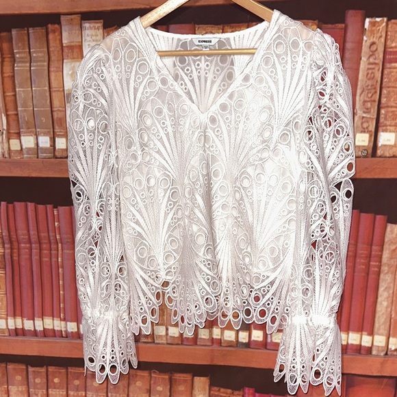 Express Tops - Express White Lace Eyelet Crochet Statement Top Medium